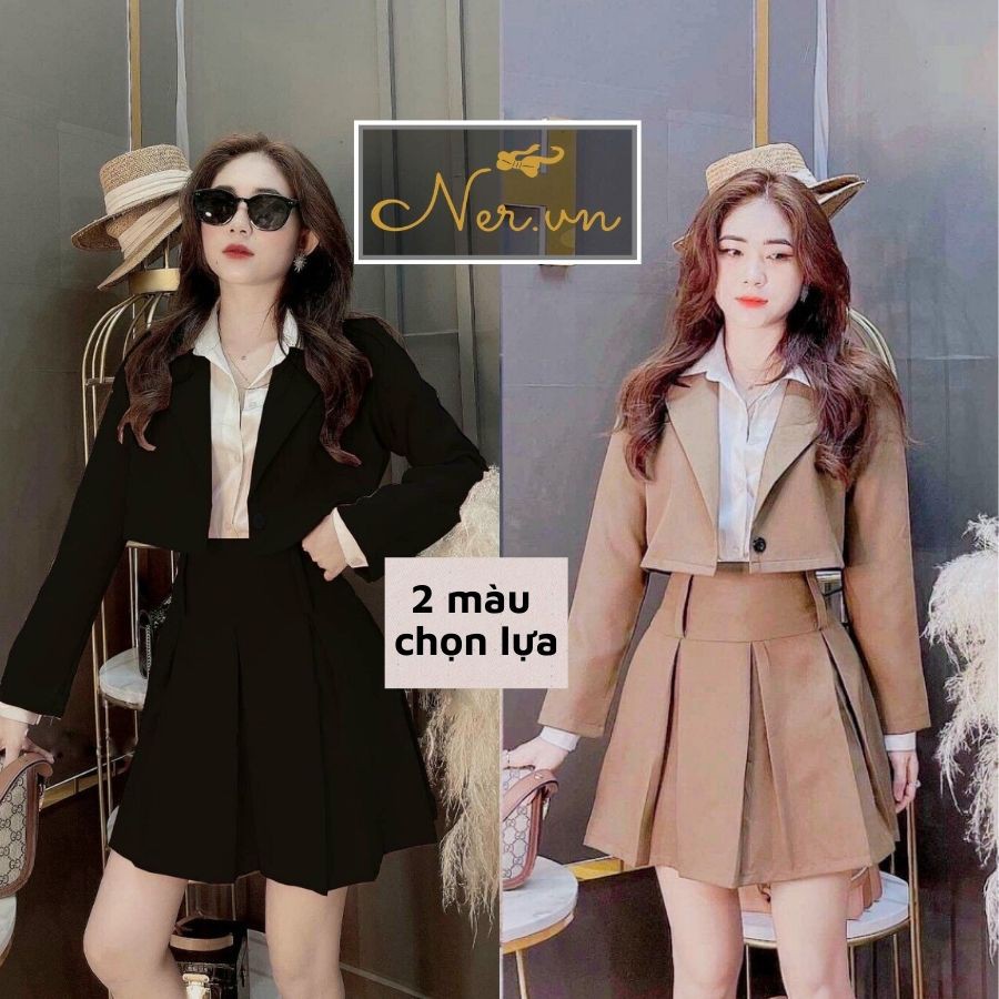 Set áo vest lửng chân váy xếp CÓ LÓT TRONG đi làm đi chơi đi tiệc hai màu đen da bò thu đông 2021 tại xưởng may NER-N120