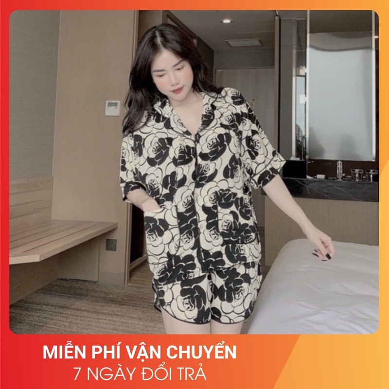 BỘ NGỦ Pijama Lụa Mango Cộc Đùi Mẫu Hoa Trà Đen Trắng