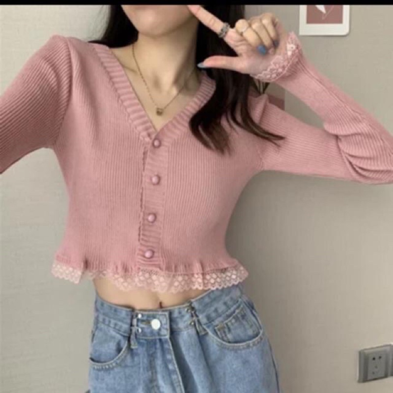 Áo len tăm dài tay croptop viền ren nhiều màu