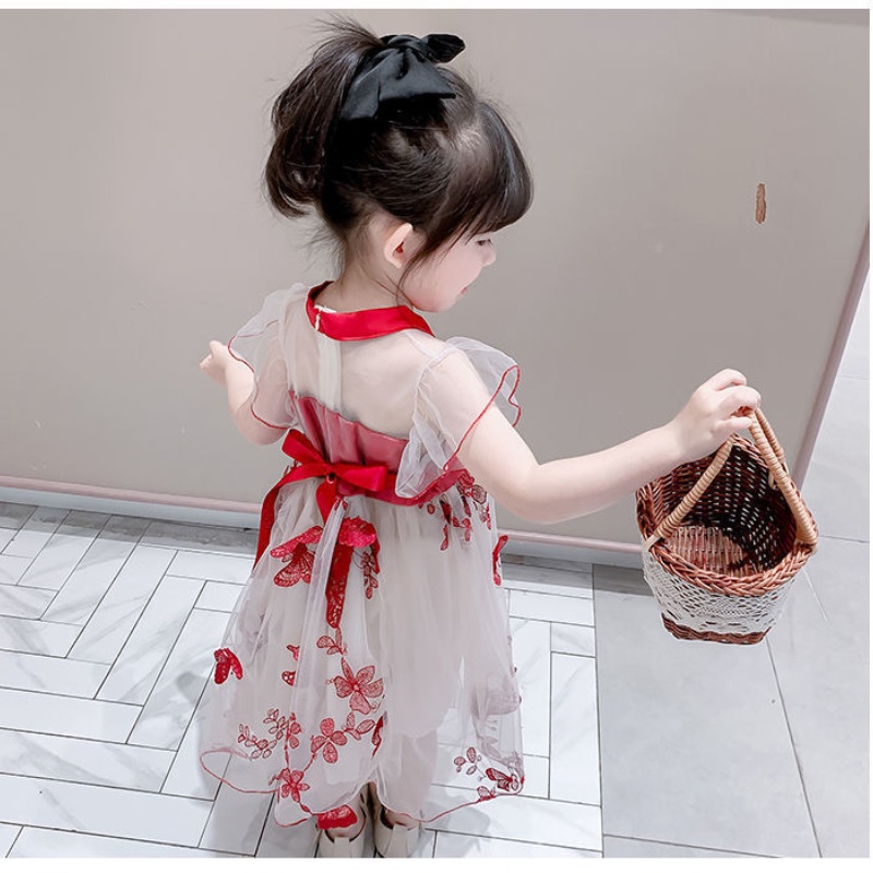 Đầm Công Chúa Tay Phồng Ngắn Phối Lưới Đính Nơ Thời Trang Mùa Hè Cho Bé Gái