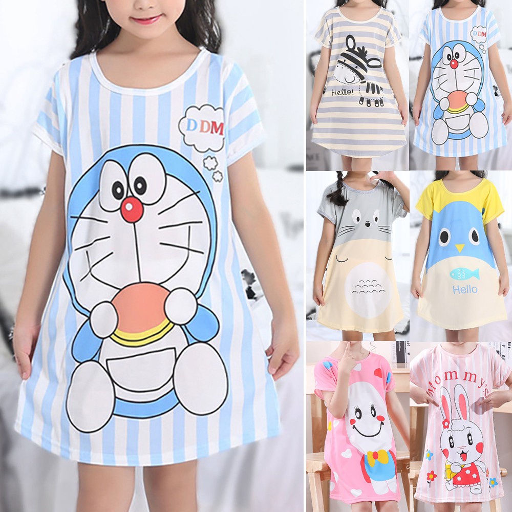 Đầm Ngủ Tay Ngắn Cổ Tròn Dáng Rộng In Hoạt Hình Thời Trang Mùa Hè Cho Bé Gái