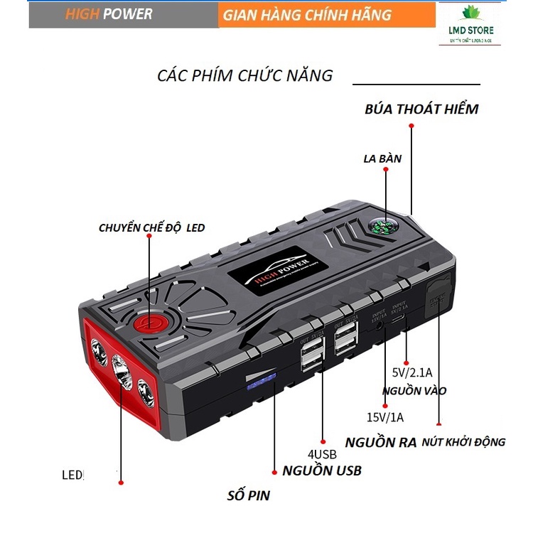 Bộ Kích Nổ Kiêm Bơm Hơi Và Sạc Dự Phòng Cho Xe Ô Tô 12V - HIGH POWER JX33- kèm ảnh thật+ video chi tiết sản phẩm