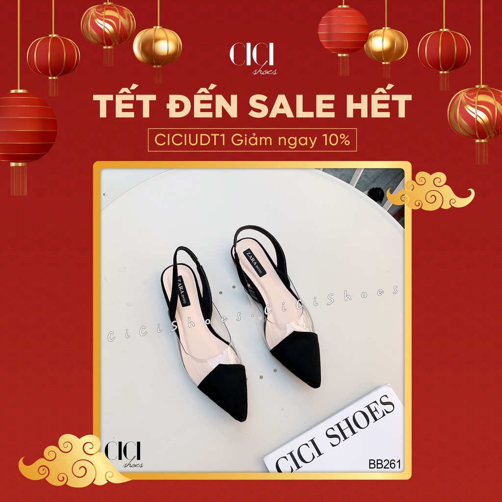 Giày búp bê nữ CiCi Shoes gót hở, giầy da lì mũi tam giác thân trong quai slingback - BB261