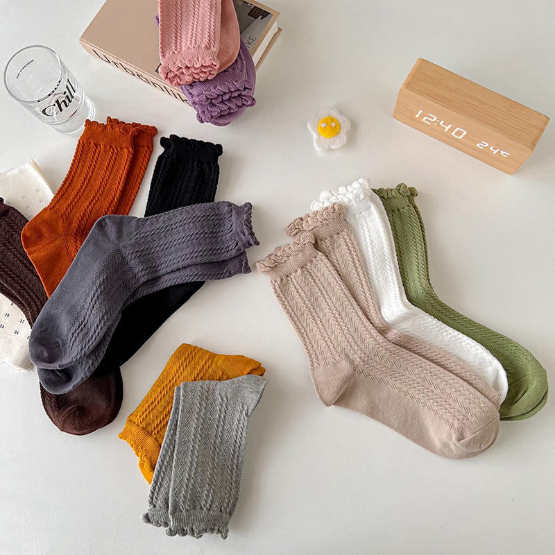 Vớ cổ cao vừa gấu nhún bèo màu trơn cotton lưới thoáng khí phong cách ngọt ngào đáng yêu dành cho nữ