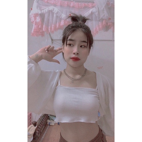 (Ảnh thật/hàng sẵn) Set áo croptop nữ gồm áo cadigan croptop+ áo 2 dây nữ croptop chất len tăm dày dặn hot | BigBuy360 - bigbuy360.vn