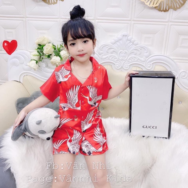 Bộ Pyjama  lụa Satin chim hạc (18-28kg) cho bé trai bé gái chuẩn hàng loại 1