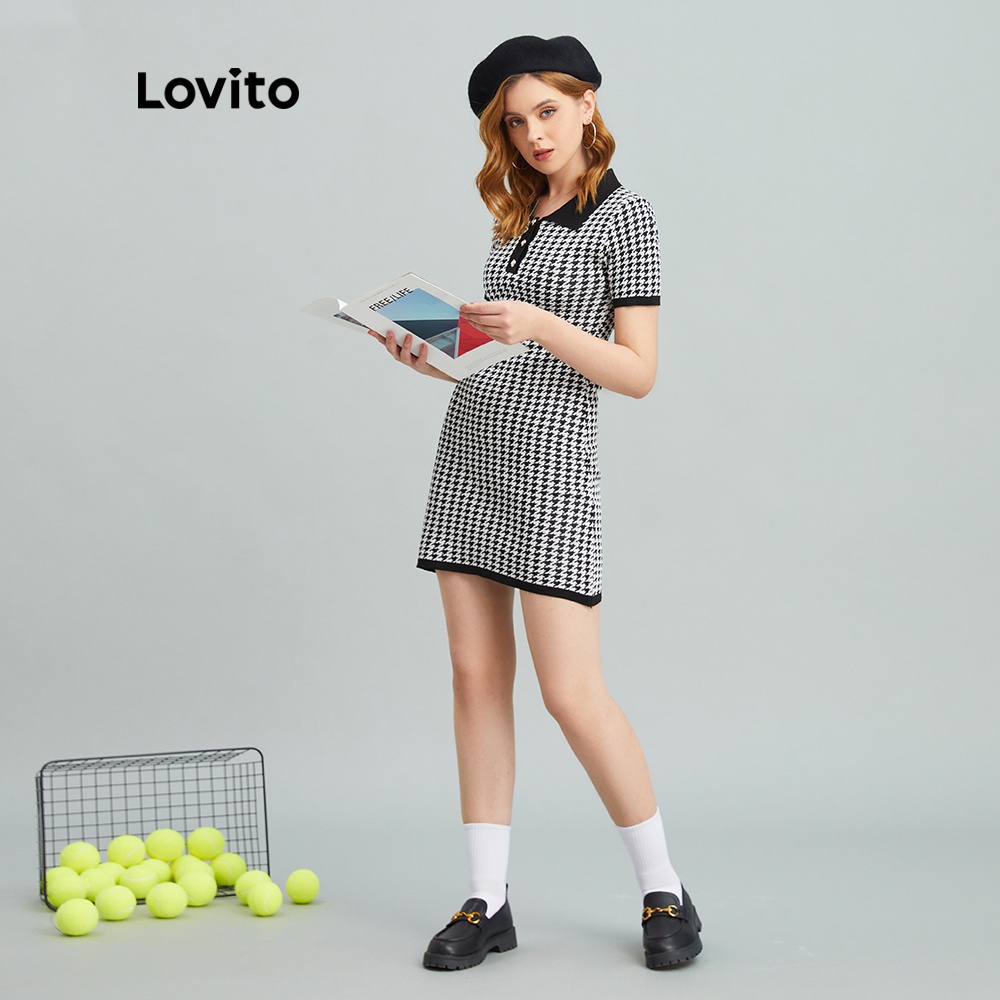 Đầm Lovito cổ bẻ họa tiết sọc caro phong cách preppy L10179 (Màu đen)