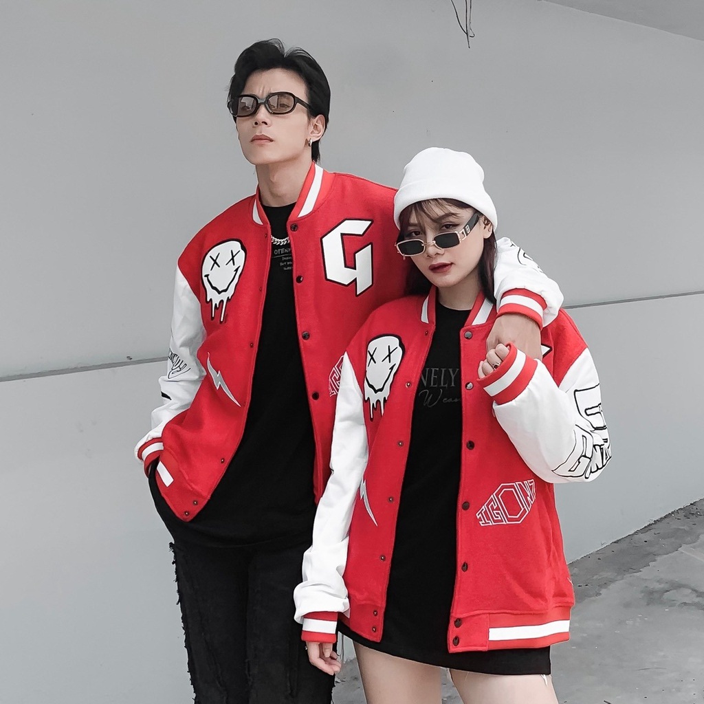 ✱Áo Khoác Varsity nam nữ màu đỏ, Gonz Bóng chày .Unisex Form rộng nhung tăm 2 lớp Hình thêu 100%