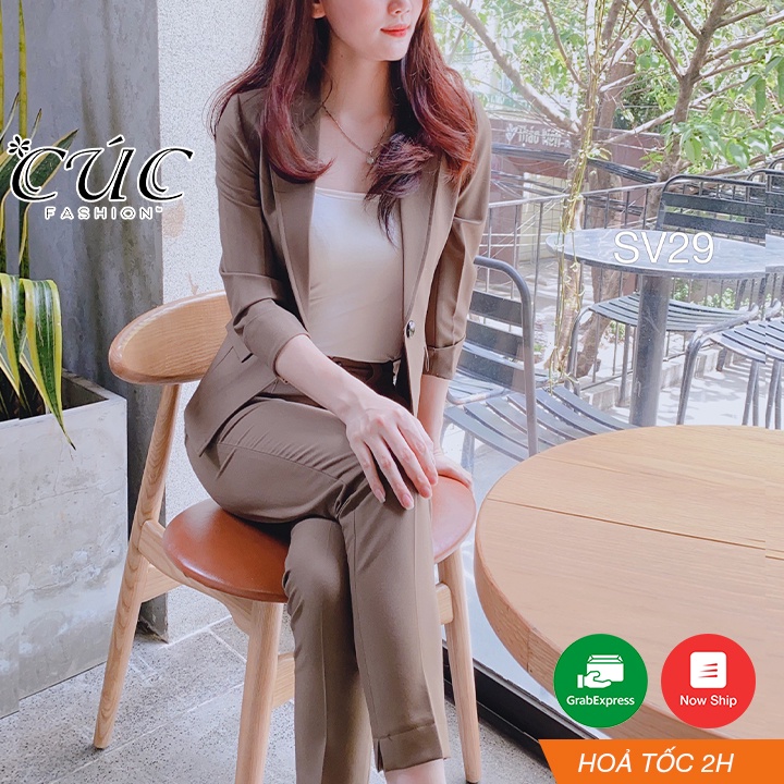 Bộ vest nữ CÚC FASHION bộ đồ thời trang Hàn Quốc áo croptop đẹp mic quần baggy đen trắng set vest cổ 3 cúc SV101