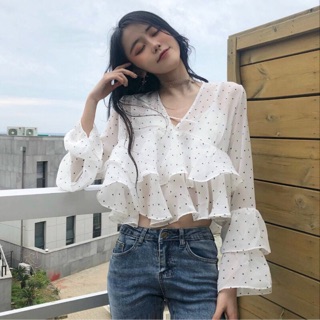 Áo bánh bèo chấm bi ảnh thật ở cuối