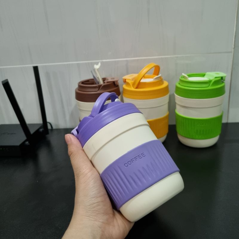 Cốc Uống Coffee KÈM ẢNH THẬT Ly Cốc Thủy Tinh Cao Cấp Bọc Vỏ Nhựa Kèm Nắp Và Ống Hút