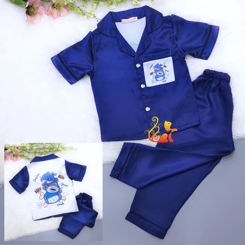 Bộ Đồ Pijama Phi Lụa "Hình Cá" Tay Ngắn Quần Dài Cho Bé - Từ 12kg - 42kg.