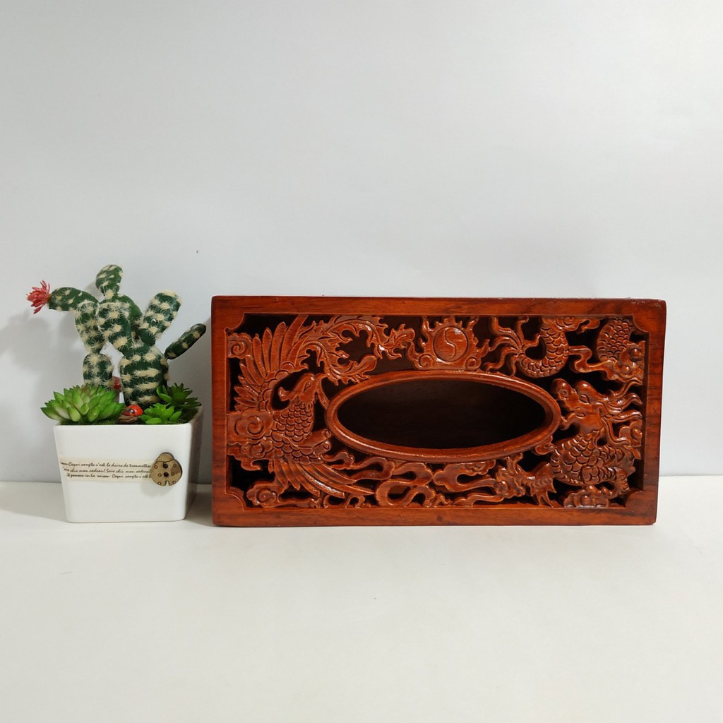 Hộp đựng giấy ăn [Gỗ hương 100%-Hàng loại 1] Hộp đựng giấy ăn gỗ hương khắc long phụng sum vầy siêu đẹp | BigBuy360 - bigbuy360.vn