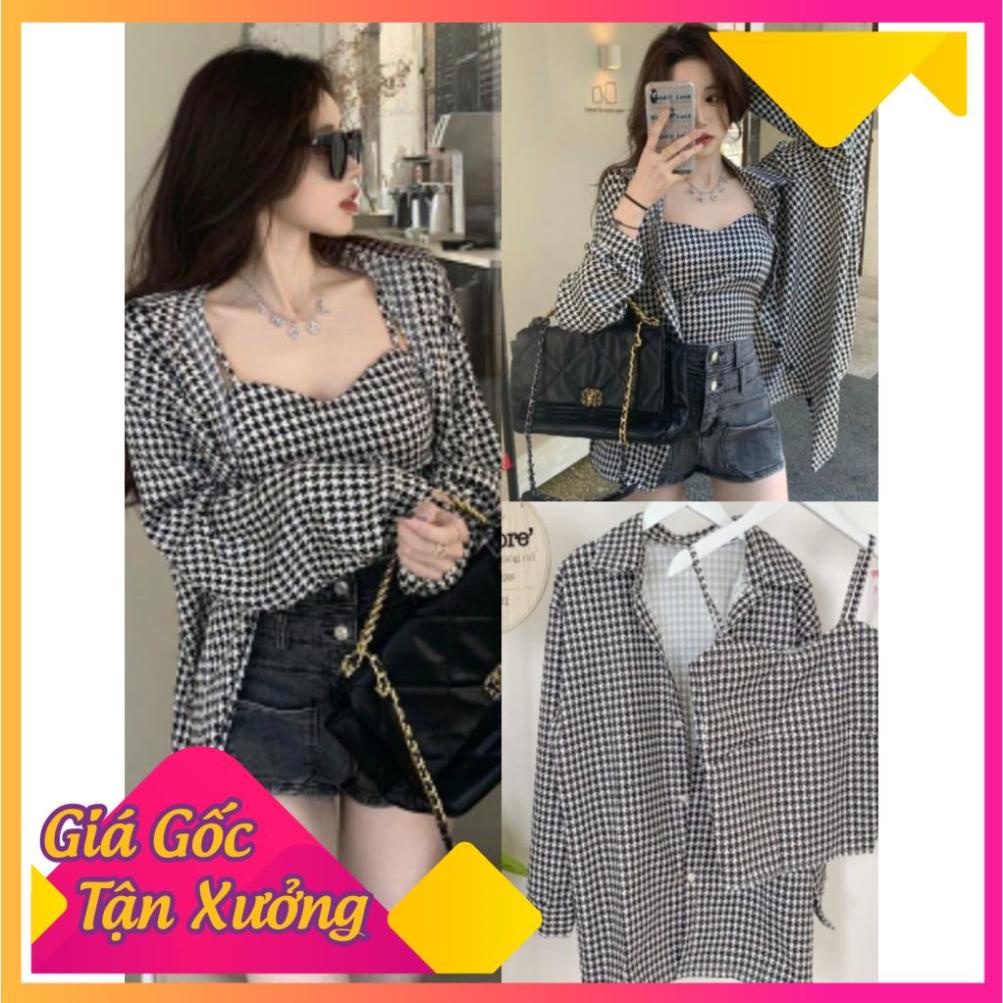XẢ KHO GIÁ SỐC Bộ Áo Sơ Mi Áo 2 Dây Kẻ Ô Vuông ,Áo Khoác Nữ Kèm Áo Ngắn X078