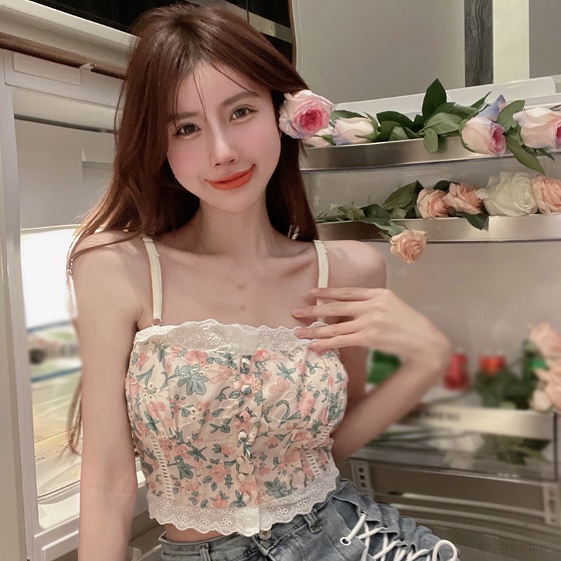 Áo Croptop Hai Dây Phối Ren Hoa Thời Trang Hàn Quốc Ngọt Ngào Cho Nữ
