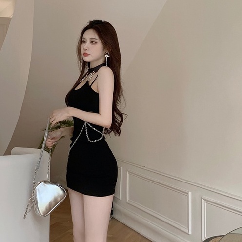 Đầm Hai Dây Màu Đen Co Giãn Thiết Kế Gợi Cảm Thời Trang Hàn Quốc Cho Nữ