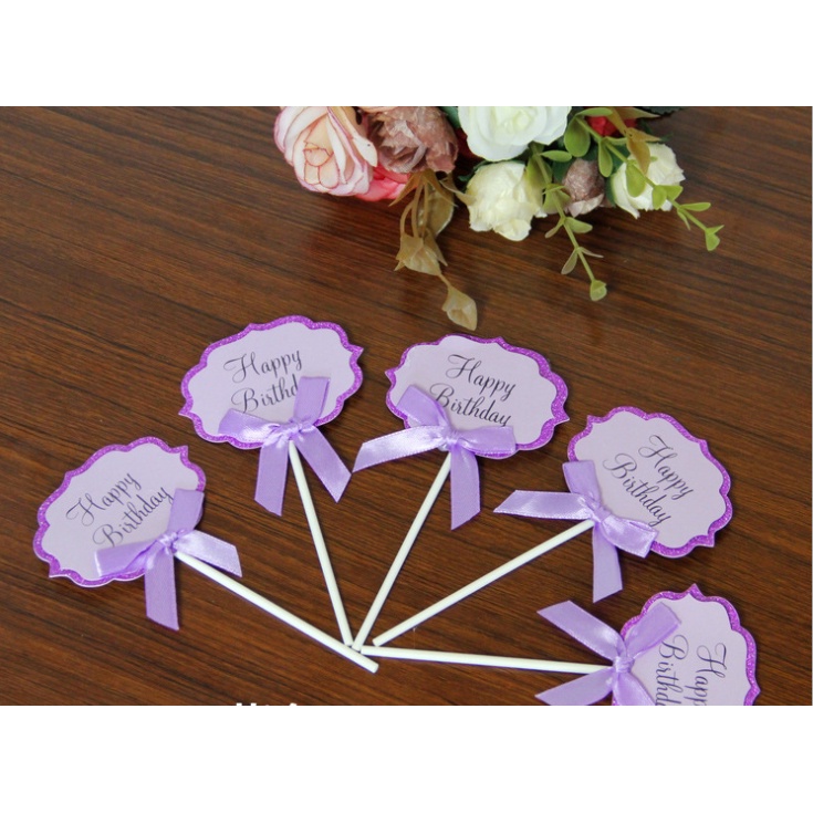 Que Cắm Thẻ Giấy Trang Trí  Bánh Sinh Nhật, Bánh GATO, Món Ăn  - Chữ Happy Birthday Kèm Nơ