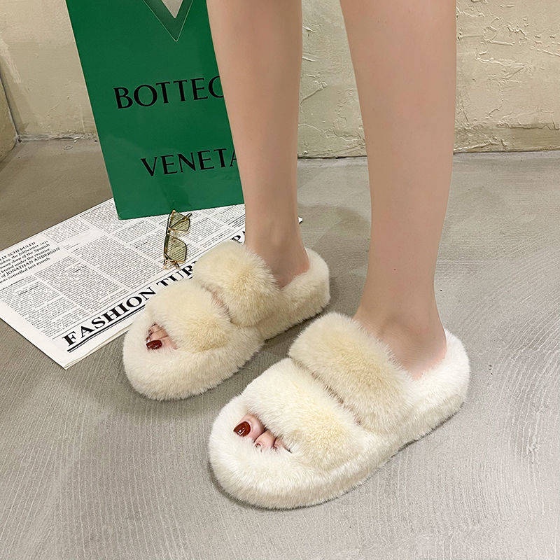 Dép đi trong nhà phối lông dày dặn thiết kế đế tăng chiều cao chống trượt thời trang