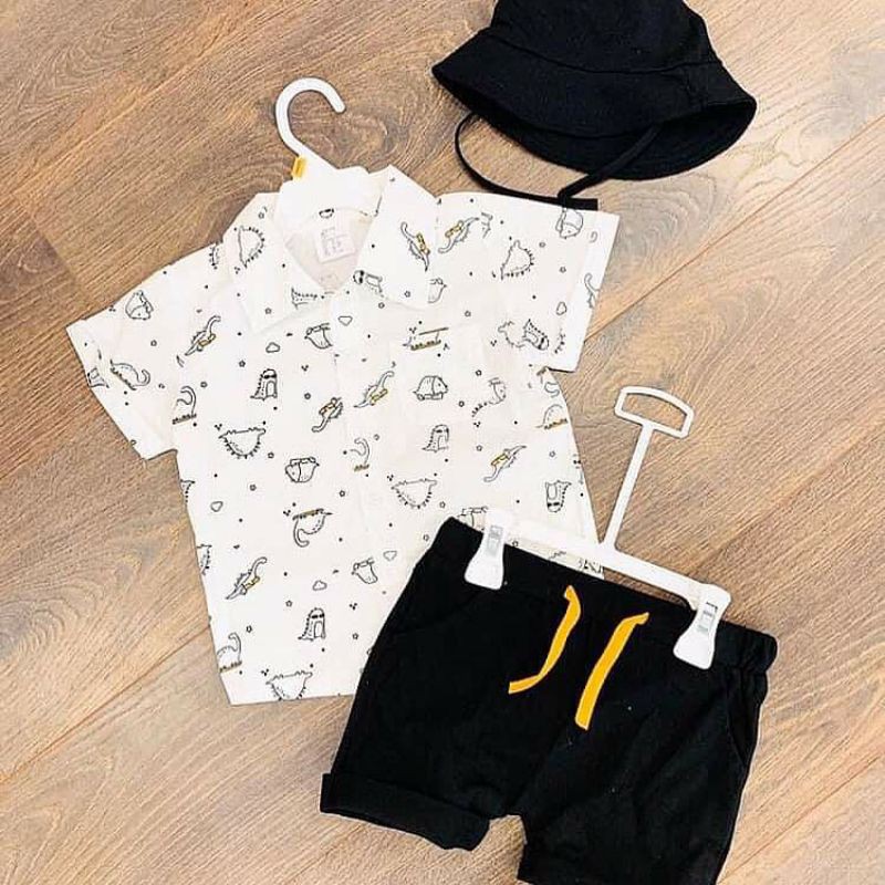 Bộ hè Hm áo sơ mi họa tiết khủng long kèm quần và mũ cho bé 1-5y