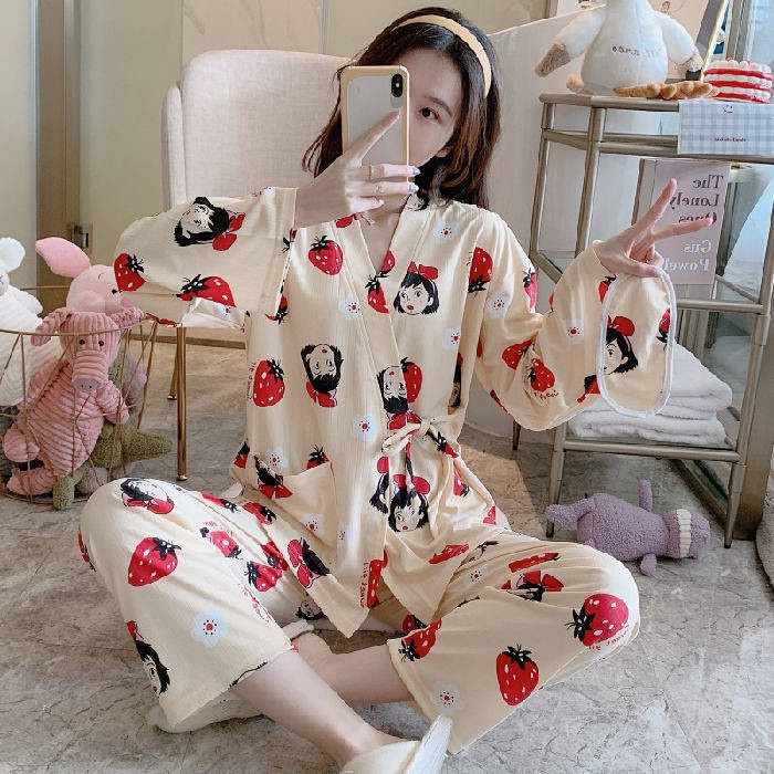 Bộ Đồ Ngủ Kimono Tay Dài Dáng Rộng Bằng Vải Cotton Phong Cách Nhật Bản Dễ Thương Dành Cho Nữ | BigBuy360 - bigbuy360.vn