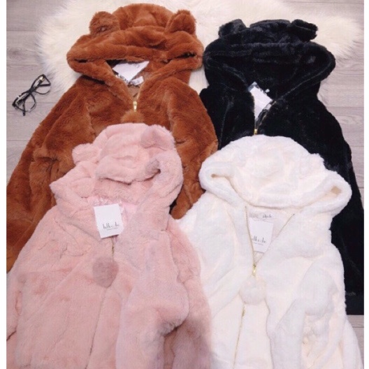 Áo khoác nữ LINH RUBI STORE áo lông gấu có mũ hàng 2 lớp dày dặn kèm quả bông móc khóa