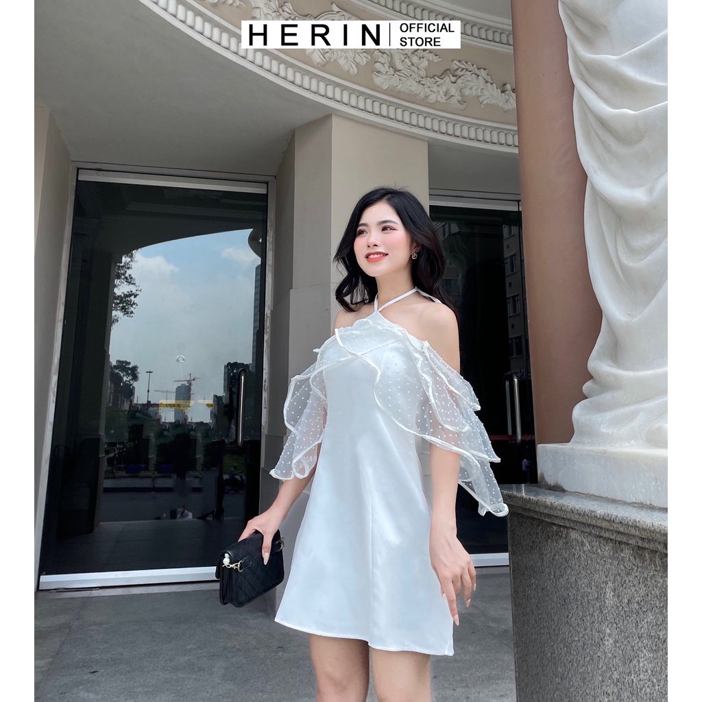 Đầm cổ yếm cúp ngực phối bèo trễ vai CÓ SẴN MÚT NGỰC mặc dự tiệc dạo phố | BigBuy360 - bigbuy360.vn