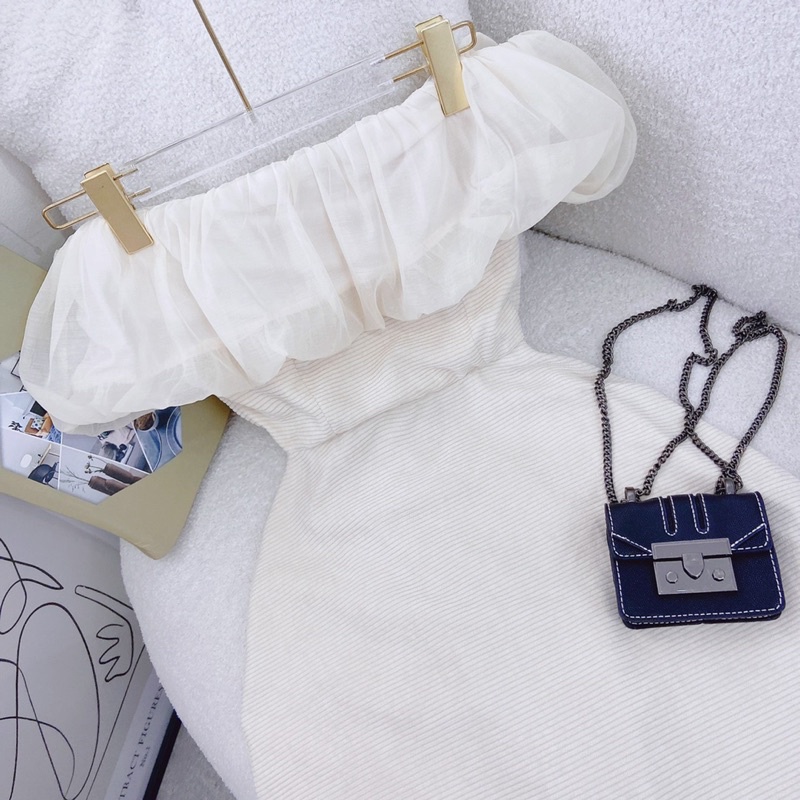 Đầm midi nude trễ vai phồng lên dáng sang chảnh kèm ảnh thật trải sàn