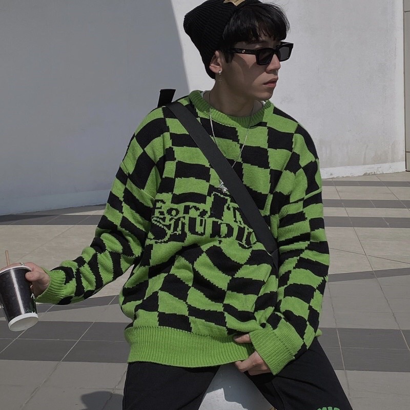 Áo len caro hiệu INS jacquard tương phản ngược retro nam nữ