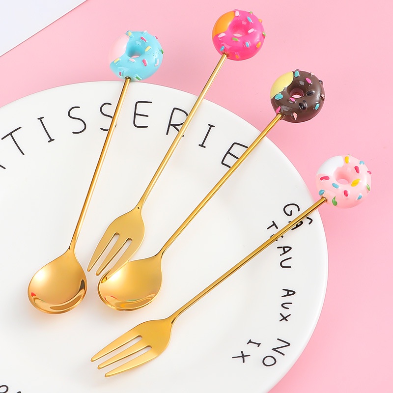 Bộ Muỗng Nĩa Ăn Tráng Miệng Hình Bánh donut Dễ Thương Cho Bé