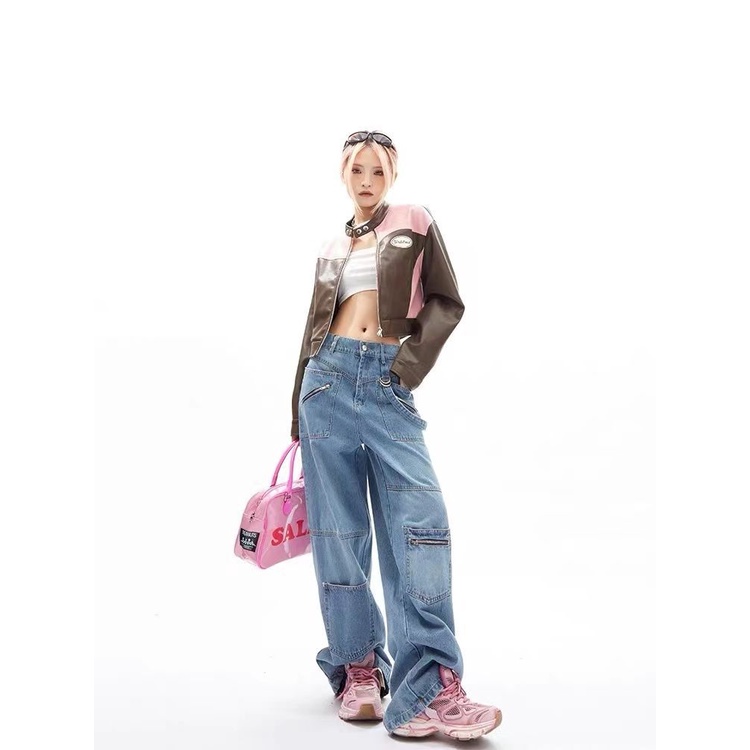 Áo Khoác Da PU Cổ Đứng Phối Khóa Kéo Thêu Họa Tiết Thời Trang Mùa Thu Cho Nữ