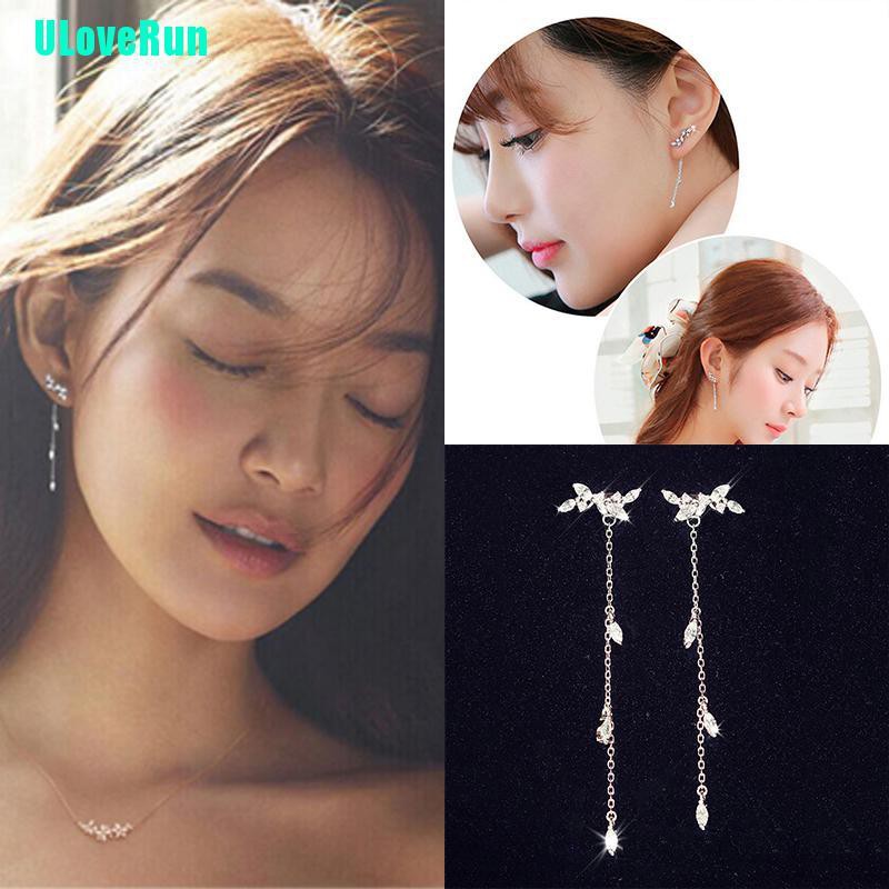 Bông Tai Dáng Dài Hình Chiếc Lá Phối Tua Rua Phong Cách Hàn Quốc Cho Nữ