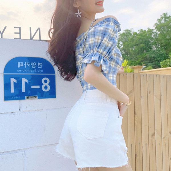 Áo Croptop Trễ Vai Tay Phồng Họa Tiết Sọc Caro Phong Cách Hàn Quốc