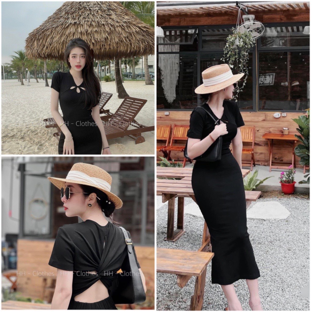 Váy ôm sát body màu đen xoắn lưng cutout, tay ngắn, dáng dài