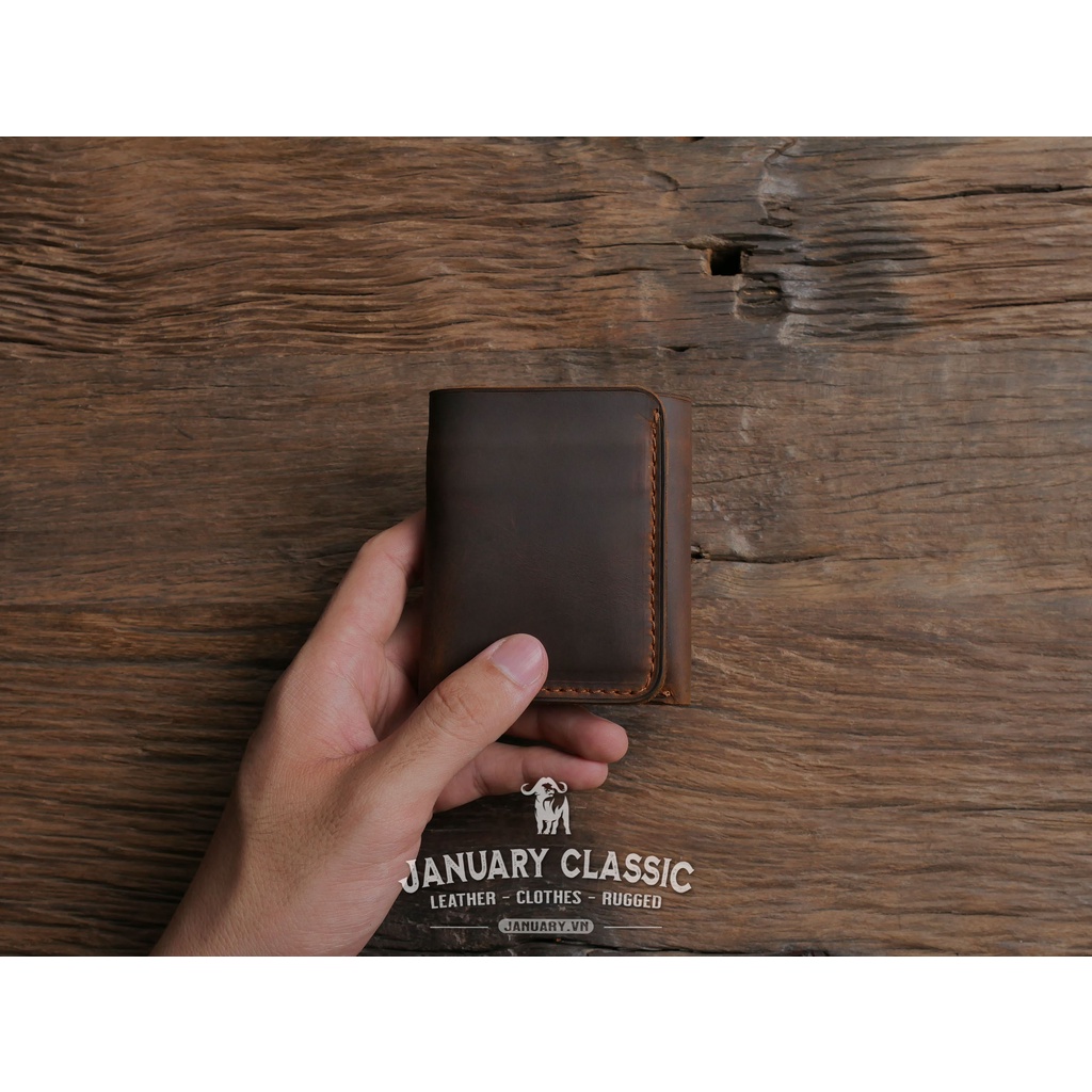 Ví Vintage Handmade Da Bò Thật Gập 3 Ngăn Tri Fold- January Classic - Bảo Hành 10 Năm- Đổi Trả Miễn Phí