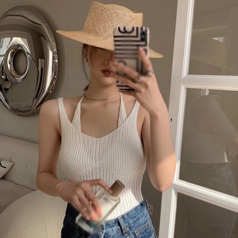 Áo Dệt Kim Không Tay Màu Sắc Trơn Phong Cách Hàn Quốc Quyến Rũ Cho Nữ