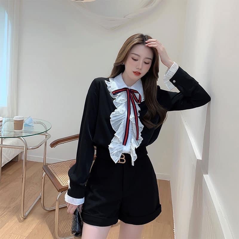 Áo Sơ Mi Nơ Bèo Tiểu Thư Màu Đen Sang Trọng Lịch Sự, Áo Kiểu Nữ Phối Nơ Cổ Bèo Dập Ly Siêu Xinh