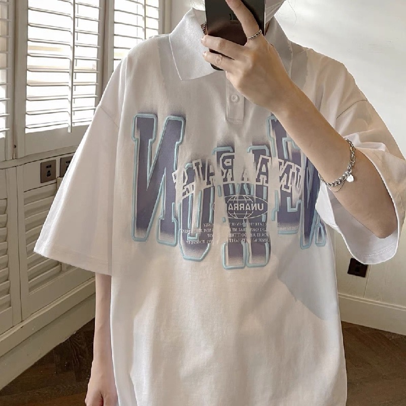 Áo Thun POLO Tay Ngắn Dáng Rộng Thoáng Khí In Chữ Phong Cách hip hop Đường Phố Hàn Quốc Thời Trang Mùa Hè Cho Nam