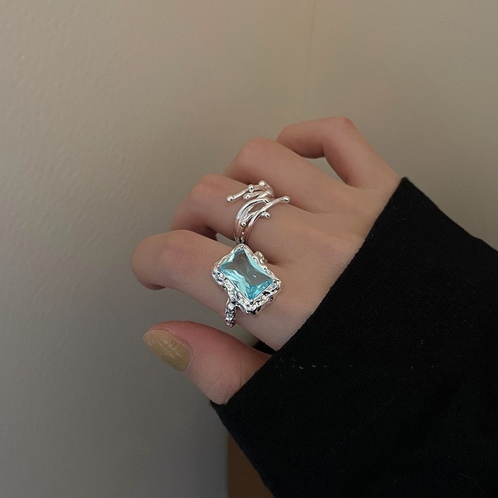 Nhẫn Hở Hình Học Bằng Bạc S925 Đính Đá Zircon Xanh Dương Thời Trang Phong Cách Hàn Quốc Cho Nữ