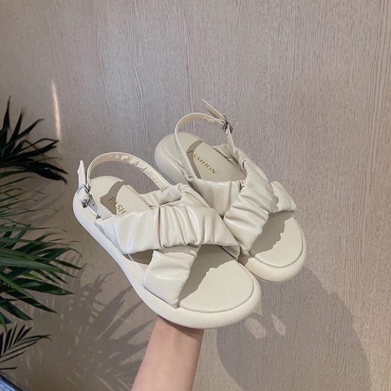 Sandal Uzzang Quai Chéo Nhún Bánh Bèo , Đế Mềm , Dẻo , Êm Chân