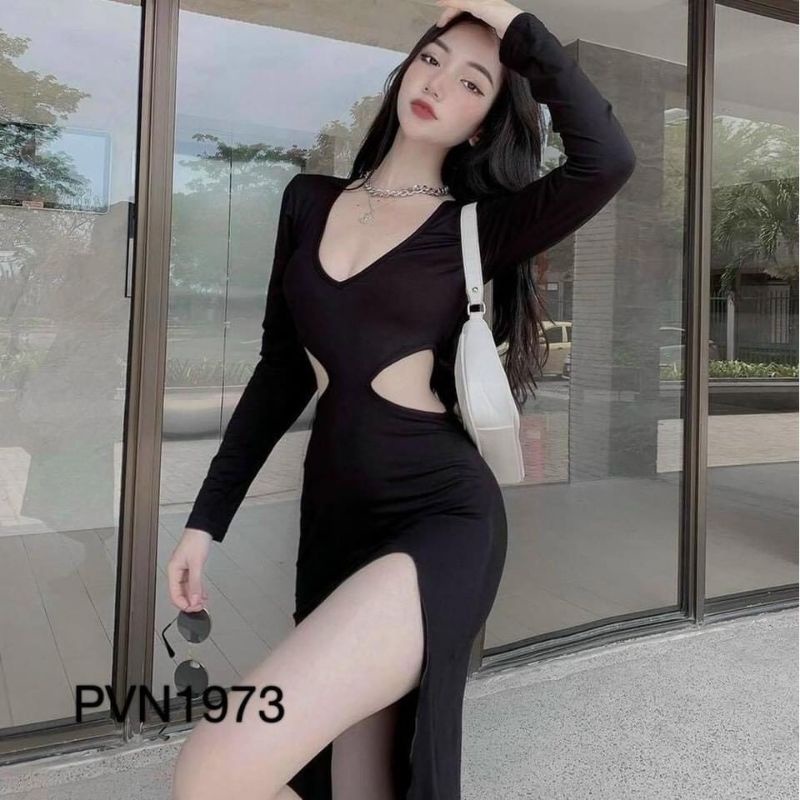 Đầm Thun Ôm Body Tay Dài Cổ V Dáng Dài Maxi Xẻ Tà Khoét Eo Sexy | BigBuy360 - bigbuy360.vn