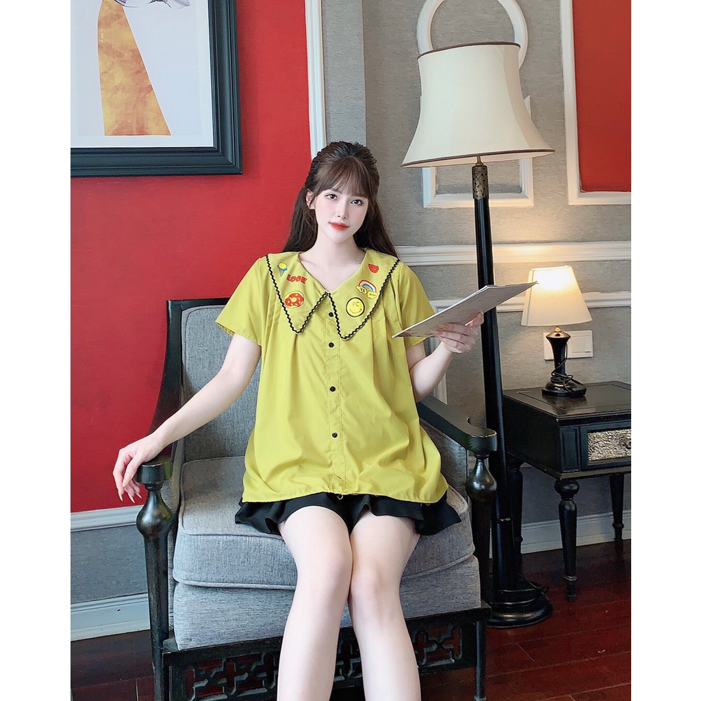 Áo sơ mi vạt bầu form rộng cổ hoạ tiết cực xinh xmay MjnHa