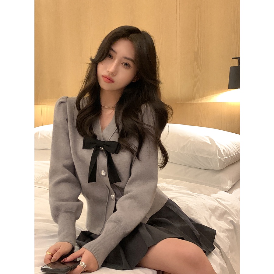621579 Áo Khoác Cardigan Dệt Kim Cổ Chữ v Phối Nơ Thời Trang Thu Đông
