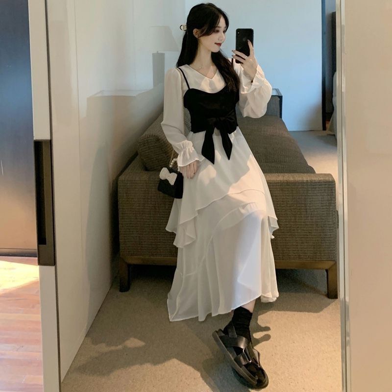 Đầm xòe ulzzang nữ dáng dài qua gối xẻ đùi tay bồng HV165, đầm dài tay cổ V xếp tầng phong cách hàn quốc