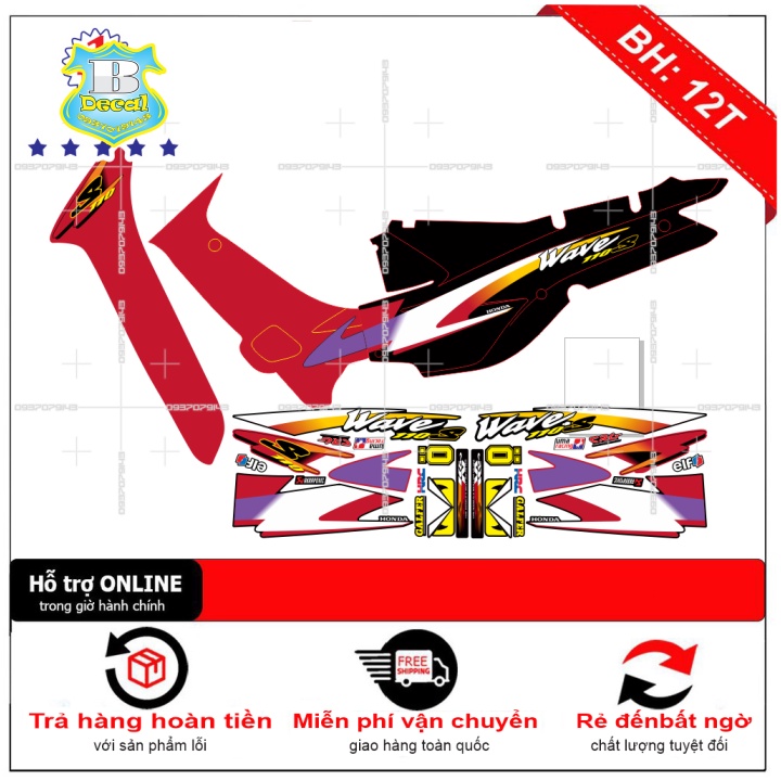 ( Quí khách vui lòng mang ra tiệm cho thợ dán ) Tem wave nhỏ đời đầu 110 đỏ tím đen