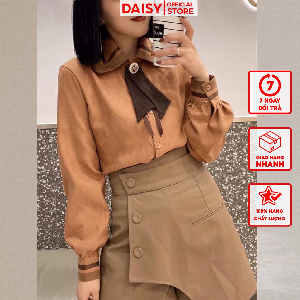 Áo sơ mi dài tay DAISY kiểu cổ đức chất liệu nhung cotton mềm mịn kèm nơ cổ trẻ trung thanh lịch SMG1030