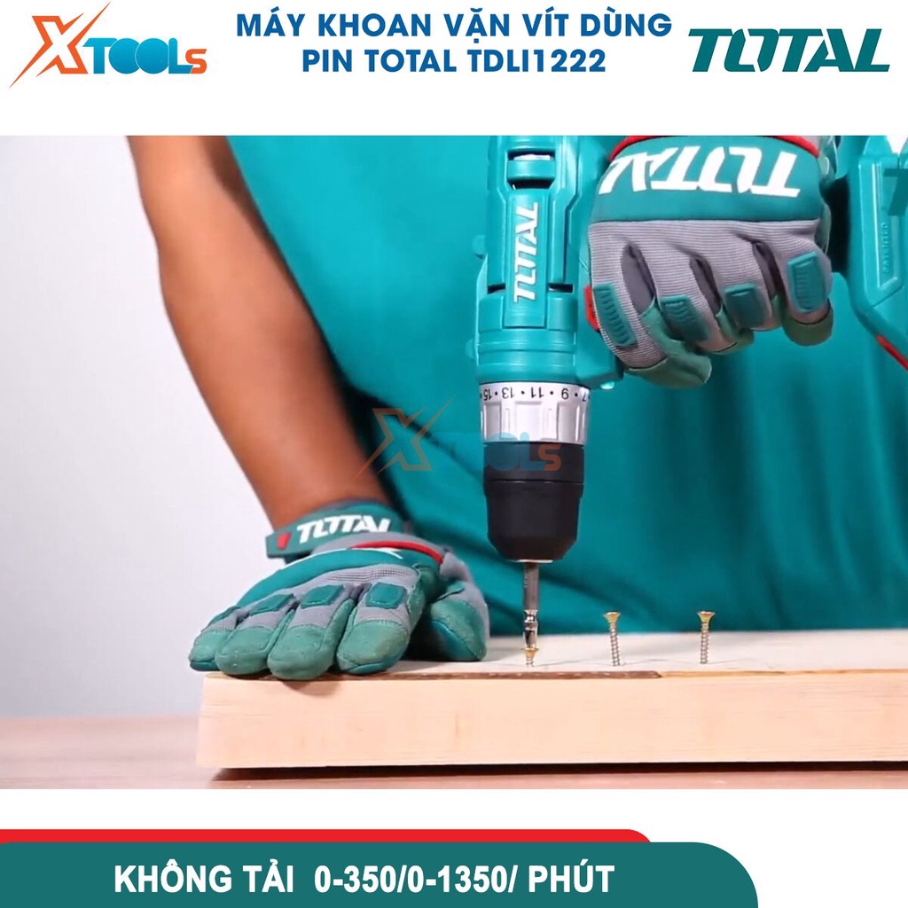 Máy khoan pin cầm tay 12V 10mm Total TDLI1222 tốc độ 1350v/p, lực siết 25nm, khả năng khoan 10mm [CHÍNH HÃNG][XTOOLS]