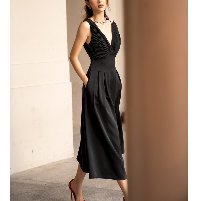 Đầm maxi đen đi tiệc sang trọng, thiết kế cổ V dập ly, dáng xòe (Kèm ảnh feedback khách hàng)