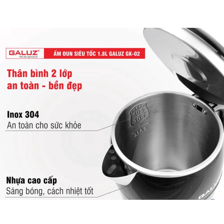 Ấm điện siêu tốc cách nhiệt Galuz GK-02, dung tích 1.8L - Bảo hành 12 tháng