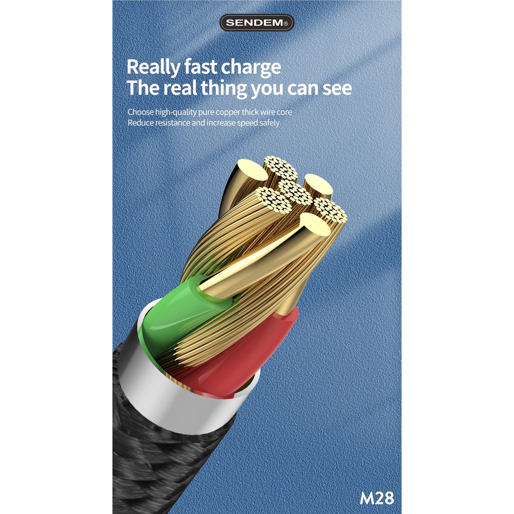 Cáp sạc nhanh Sendem M28 6A bọc dù dài 1M Chân TypeC MICRO