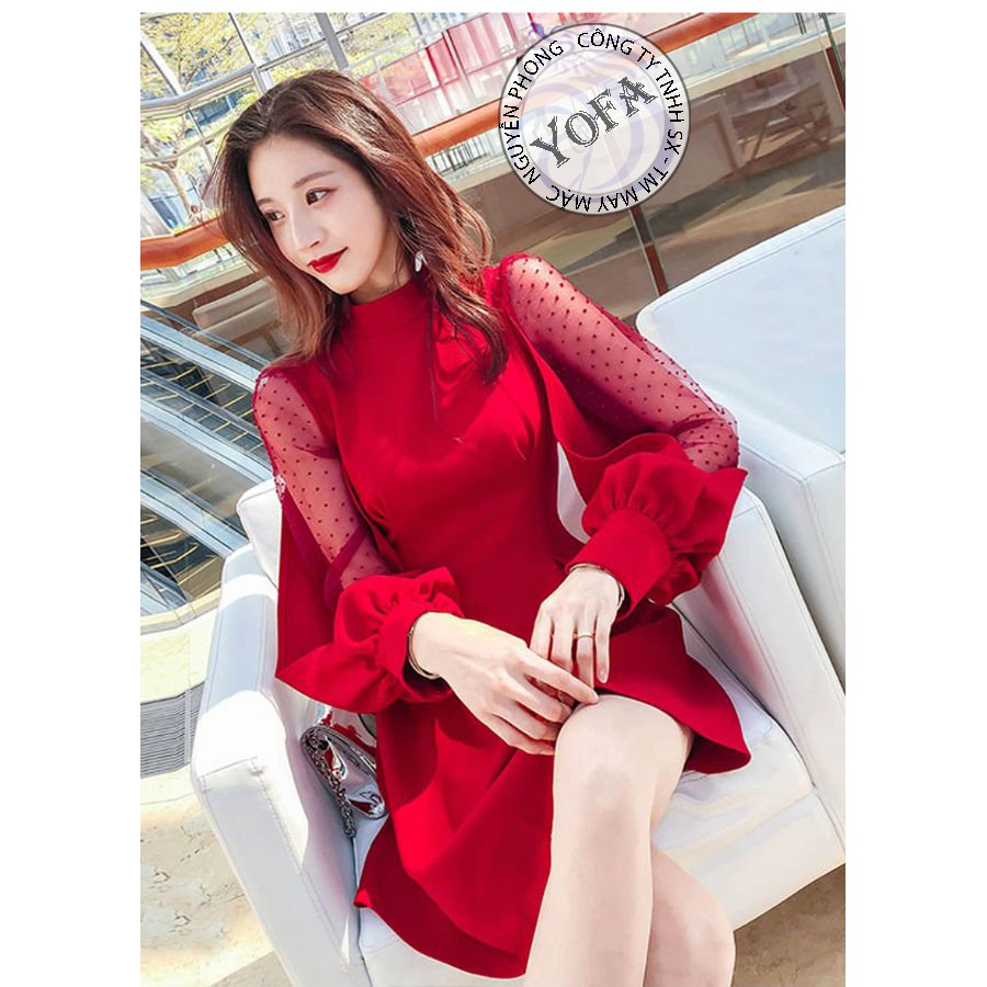 Đầm suông phối lưới tay xẻ